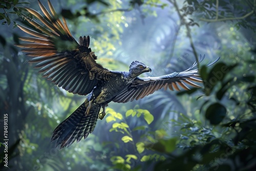 A sizable bird in flight among the verdant trees of a dense green forest