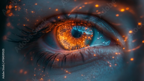 a close up of a woman s eye with fireworks coming out of it photo