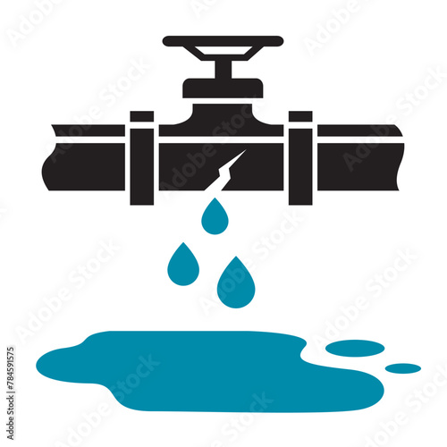 plumbing service icon with leaking pipe and water puddle isolated on white background © Alexkava