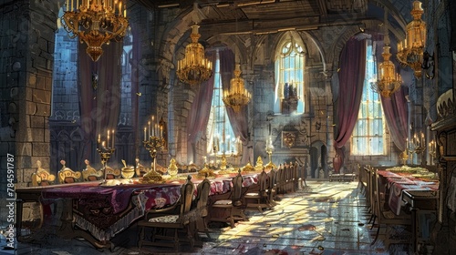 Regal Owls Dining in Lavish Castle Hall with Ornate Decor and Royal Feast