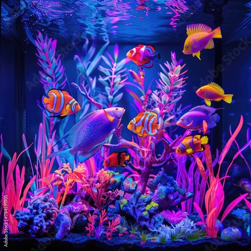 Brightly lit neon aquarium with exotic fish photo