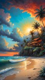 Farbenfrohes Gemälde - Fantasy - Traumhafte Strandlandschaft mit Sonnenuntergang