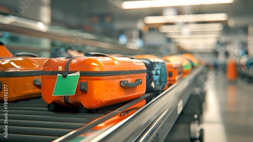Bright color suitcases on airport conveyor belt. Travel and tourism concept. Luggage collection point. Modern journey. Bags in transit. AI