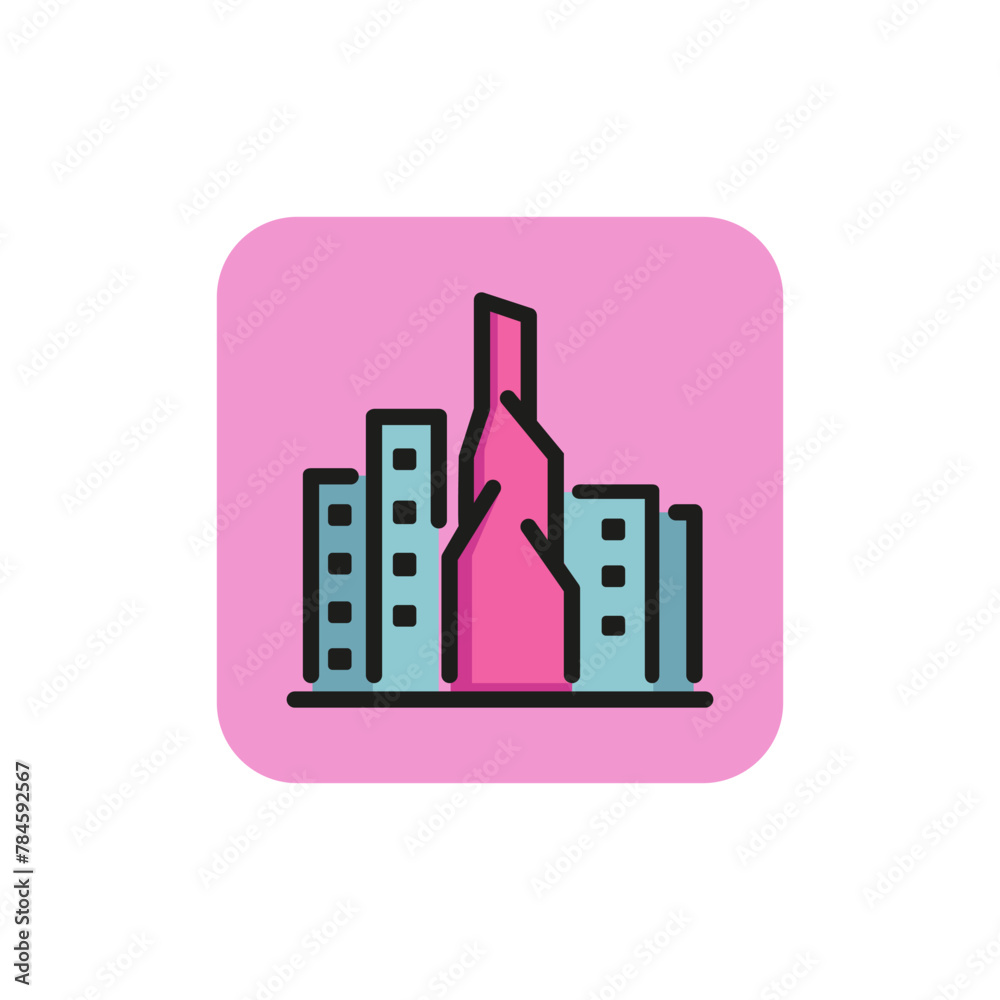 Icon of unique building in city. Construction, design, tower. Architecture concept. Can be used for topics like cityscape, factory, exterior Icon of unique building in city. Construction, design, tower. Architecture concept. Can be used for topics like cityscape, factory, exterior