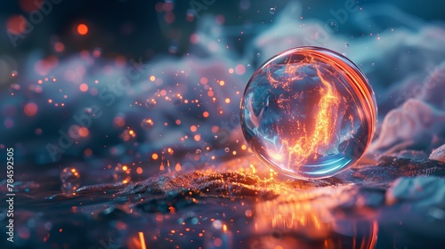 A glass ball with fire inside floats in water, creating a mesmerizing atmosphere