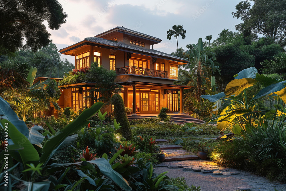 Evening scene of a Craftsman house with a nearby botanical garden and exotic plants
