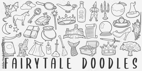 Fairytale Doodle Icons Black and White Line Art. Fantasy Clipart Hand Drawn Symbol Design.