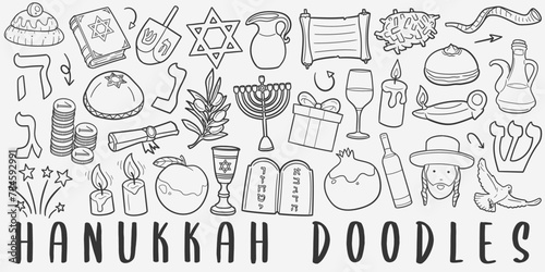 Hanukkah Doodle Icons Black and White Line Art. Jewish Clipart Hand Drawn Symbol Design.