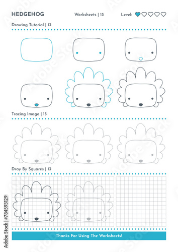 How to Draw Doodle Animal Hedgehog, Cartoon Character Step by Step Drawing Tutorial. Activity Worksheets For Kids