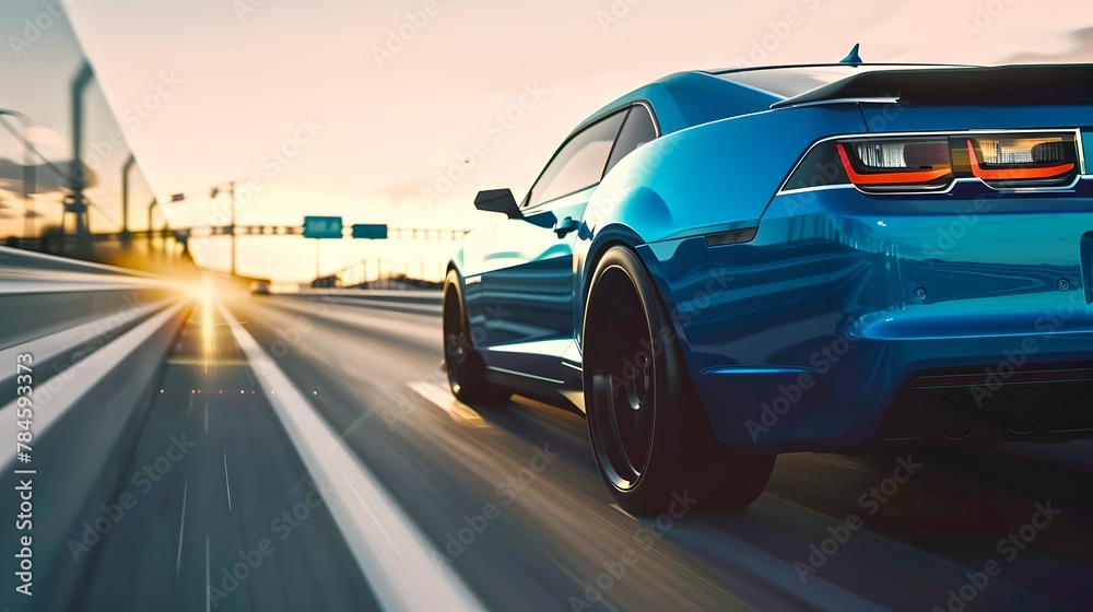 Dynamic Blue Sports Car in Motion on a Highway at Sunset. Automotive Elegance and Performance Captured in Motion Blur. Perfect Shot for Speed and Design Enthusiasts. AI