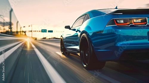 Dynamic Blue Sports Car in Motion on a Highway at Sunset. Automotive Elegance and Performance Captured in Motion Blur. Perfect Shot for Speed and Design Enthusiasts. AI © Irina Ukrainets