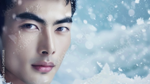 Winter Wonderland Portrait: Handsome Man with Snowflakes