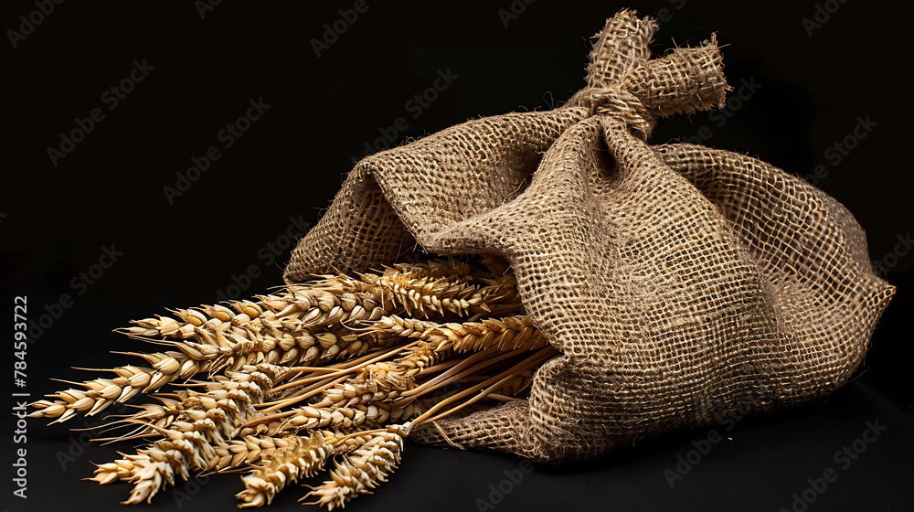 ears of wheat in burlap sack on black background, agriculture concept