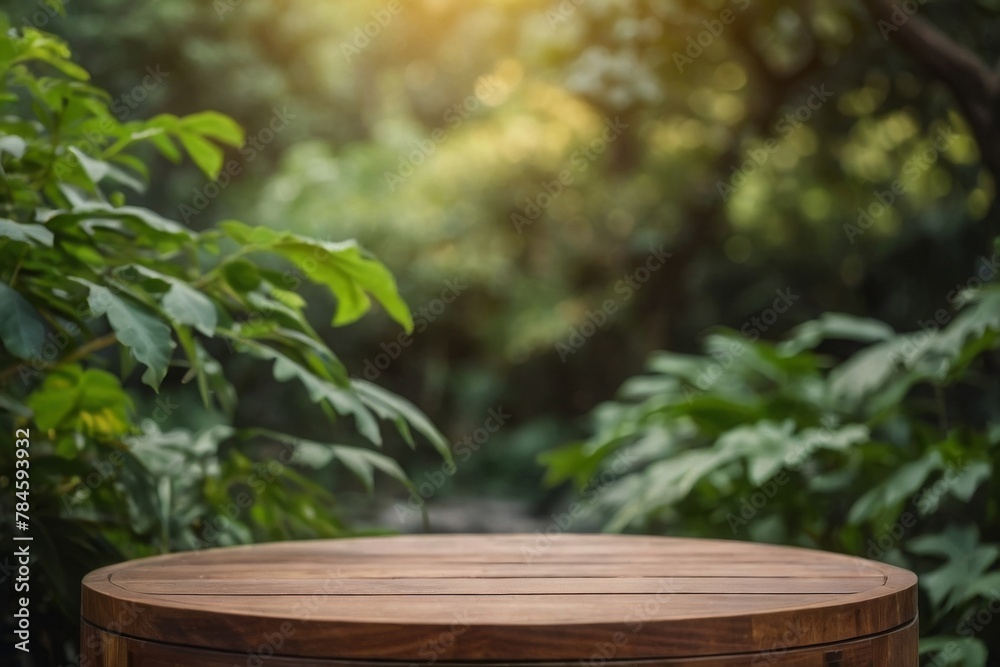 Wooden round podium table with blurred nature background