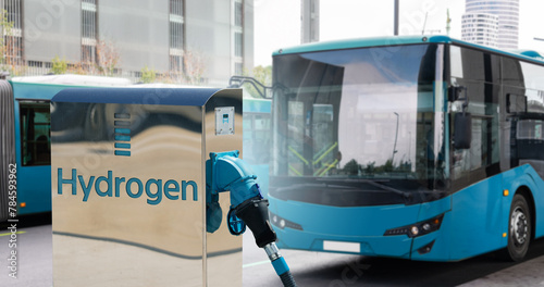 A hydrogen fuel cell bus with filling station.