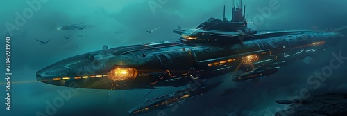 A gold smuggling submarine in a dystopian future, navigating underwater to transport illegal gold, with a stealthy design photo