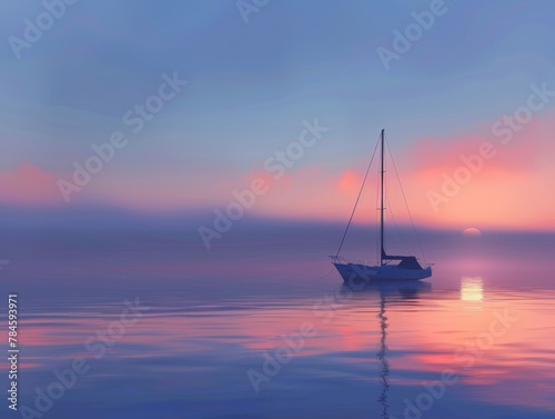 Twilight hues behind a silhouetted yacht on a glassy ocean, evoking peace