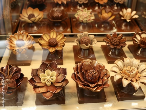 An artisanal chocolate shop display, featuring an array of chocolate flowers, each with unique designs and patterns, under soft, warm lighting