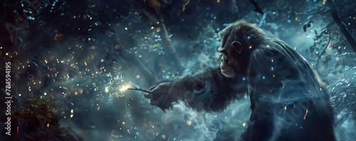 Chimpanzee sorcerer with a wand, summoning elemental magic in a dark enchanted forest © Shutter2U