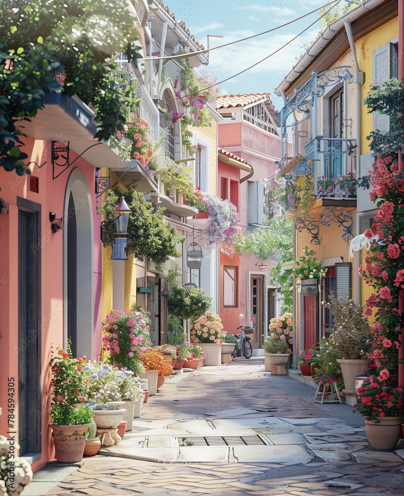 Street Blooms: Photorealistic High Resolution Image of Pastel Colored Houses
