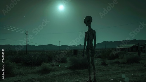 Moonlit Area 51, a stealthy alien encounter amidst the notorious desert facility