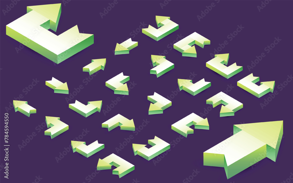 This set of icons and vector design elements offers a variety of arrows pointing in different directions. Modern design using bright colors and 3D perspective. This set of icons and vector design elements offers a variety of arrows pointing in different directions. Modern design using bright colors and 3D perspective.