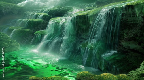 Enchanted Green Waterfall Oasis Amidst Verdant Foliage