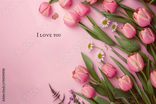 Happy Mother's Day greeting card design with text "I LOVE YOU". illustration of paper cut tulips and daisies in a pink color background for celebrating mother day or birthday, Happy Birthday mockup 