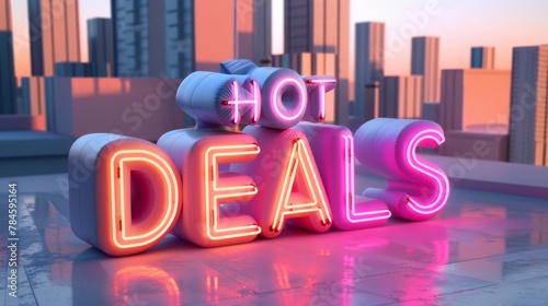 Neon Hot Deals Sign on City Rooftop at Sunset