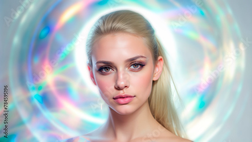 Portrait of a beautiful woman with holographic highlights