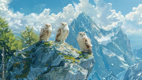 Owls Sharing a Majestic Mountain Potluck Dinner Atop a Sublime Scenic Peak