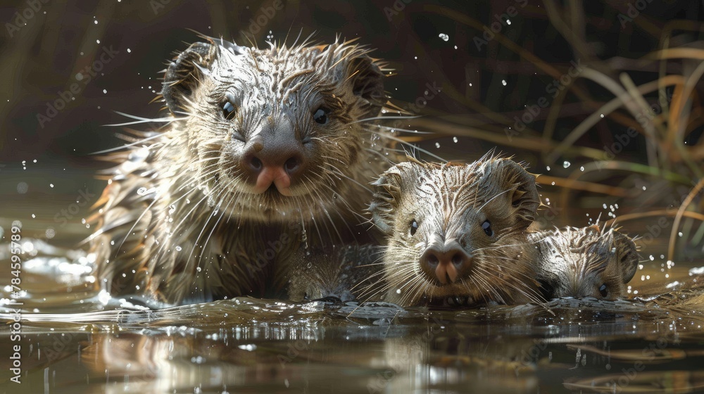 Platypus Family Gathering. Mother and Young Wading Through Calm Stream, Close-Knit and Content. Platypus Family Gathering. Mother and Young Wading Through Calm Stream, Close-Knit and Content.
