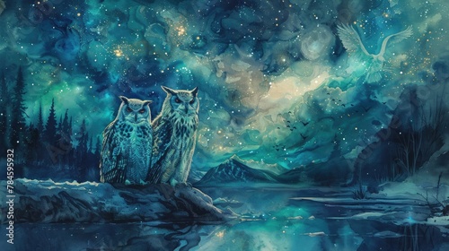 Ethereal Owls Dining Beneath the Dancing Aurora Borealis in a Mystical Winter Landscape