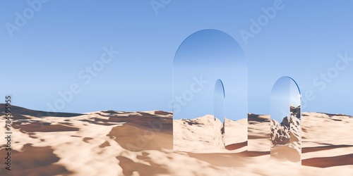 Multiple chrome retro flat geometrical objects in surreal abstract desert landscape with blue sky background, geometric primitive fantasy concept