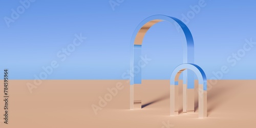 Two chrome retro portal objects in surreal abstract desert landscape with blue sky background, geometric primitive fantasy concept with copy space