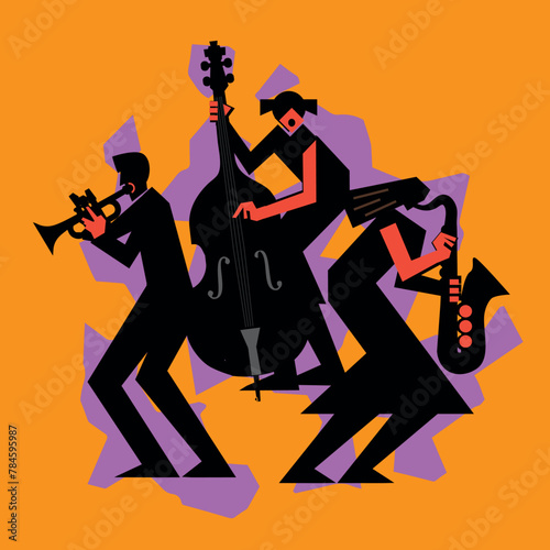 Jazz Band, dixieland, Contrabass, saxophon, trumpet. Funny flat design Illustration of two women jazz musicians and man with trumpet. Black silhouettes.