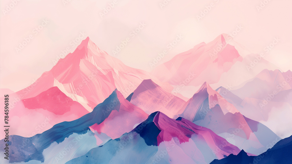 Soft pastel color abstract art of beautiful mountains. Mountain peak, minimalism landscape. Panorama banner, illustration