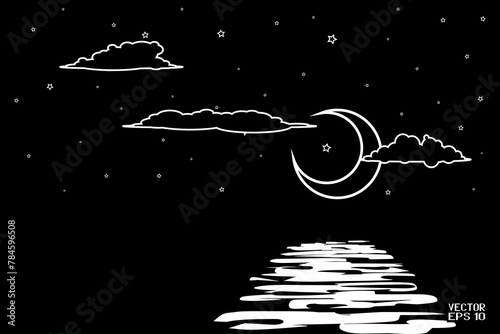 Night Seascape in Perspective. Black and White Clouds and Moon Isolated on Starry Night Background. Futuristic Glowing Banner of Illuminated Waves. Vector. 3D Illustration