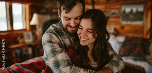 A pair of sweethearts sharing a warm embrace in a cozy cabin, their smiles reflecting the comfort of their surroundings as they look lovingly at the camera