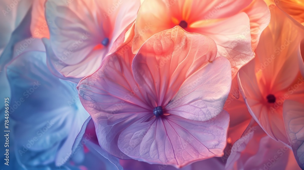 A stunning close-up image of vibrant gradient flower petals with a soft focus. The translucent nature of the petals creates a serene, dreamy atmosphere, ideal for artistic and nature-focused projects.