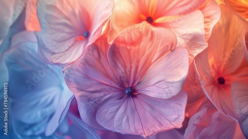 A stunning close-up image of vibrant gradient flower petals with a soft focus. The translucent nature of the petals creates a serene, dreamy atmosphere, ideal for artistic and nature-focused projects. © Sanja
