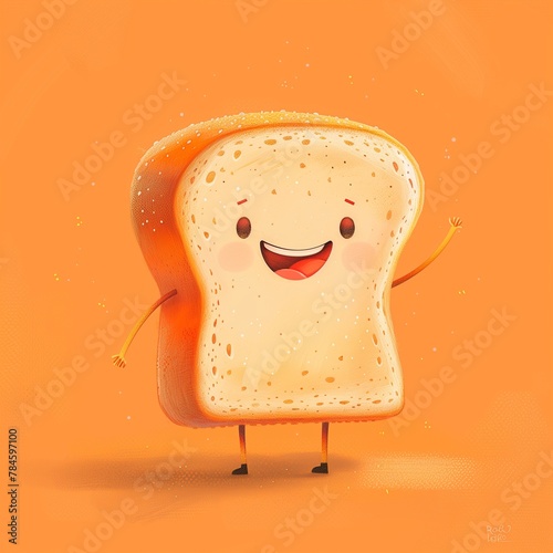 Create an endearing cartoon character inspired by bread against a light orange background. 