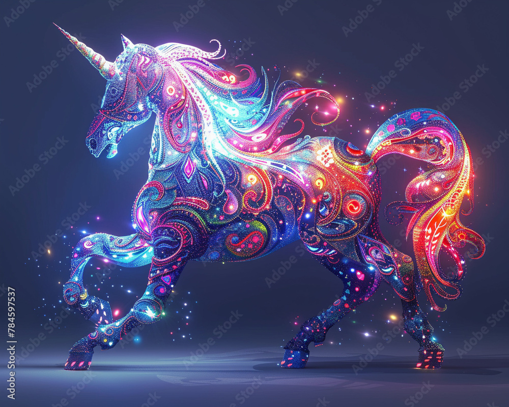 A unicorn made of colorful paisley and glitter.