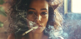 A woman smoking confidently, her determined eyes locking onto the camera