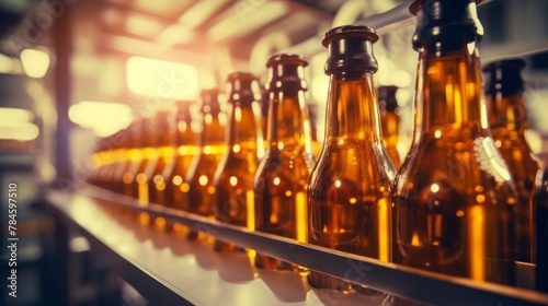 Beer production plant. Brewery conveyor with glass bottles of beer and alcohol. Close-up. Blurred background. Concept industrial technology plant of food and drink products.