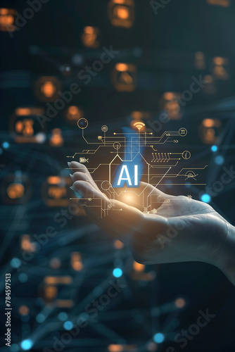 Hand presenting glowing AI technology digital icons, illustrating advanced technology and artificial intelligence text concepts.
