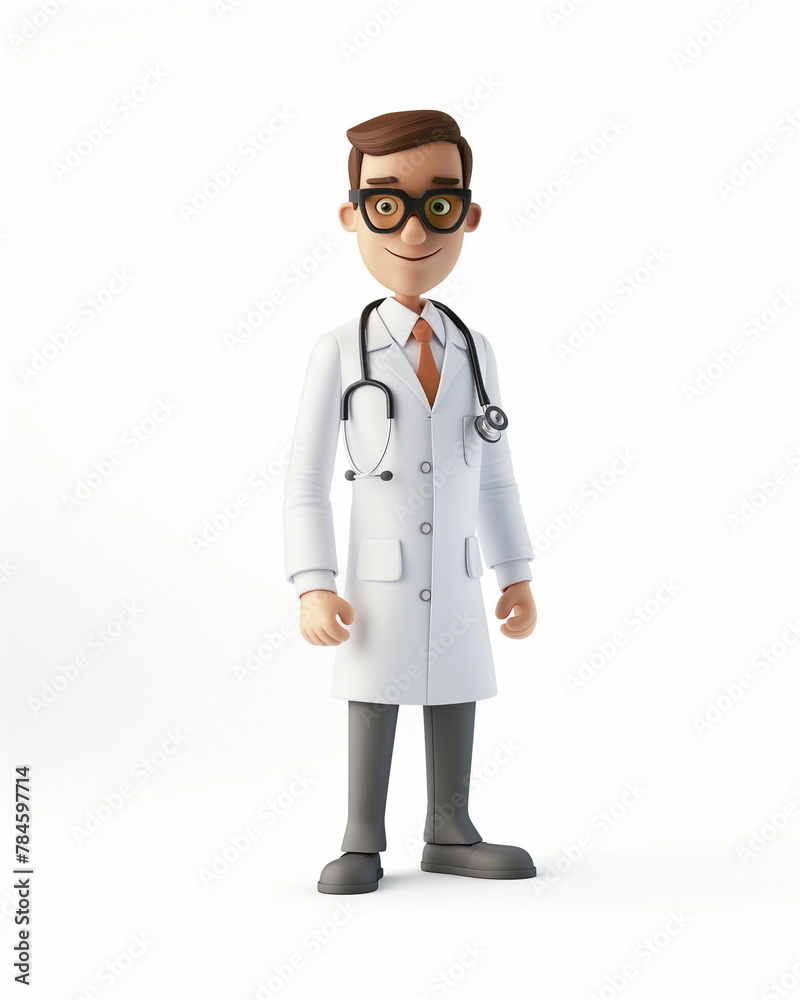 a smart doctor in cartoon 3D style standing on white background a smart doctor in cartoon 3D style standing on white background