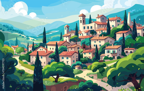 vector illustration in flat style of house in the hill with lake and forest near. beautiful landscape illustration, meadows and trees, blue sky on background. Country agriculture farmland