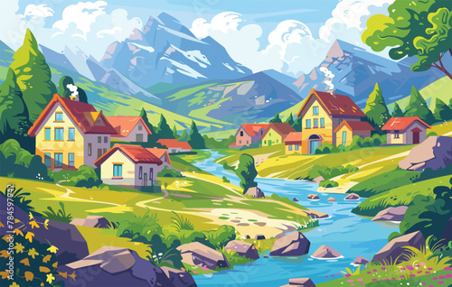 Wooden house in the forest. Scene with deciduous trees, firs, river, bridge and house. Vector illustration.
