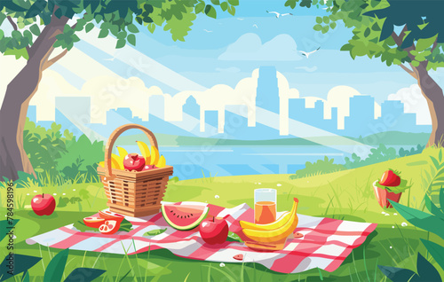 Wooden picnic table with benches on park background,Picnic Background Invitation Template